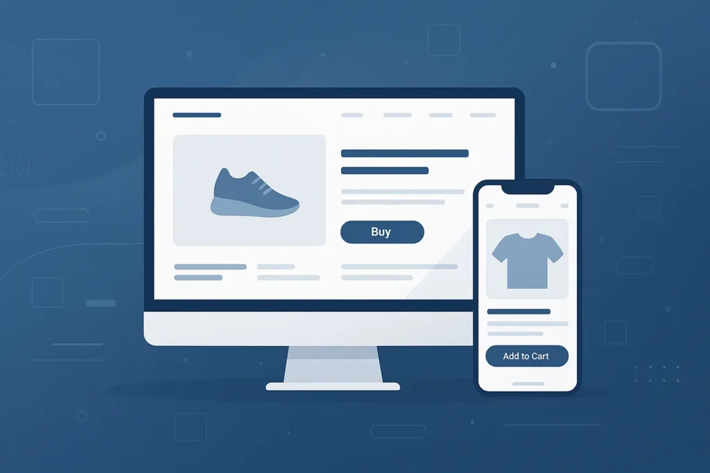 Graphic showing e-commerce websites on a monitor and smartphone.