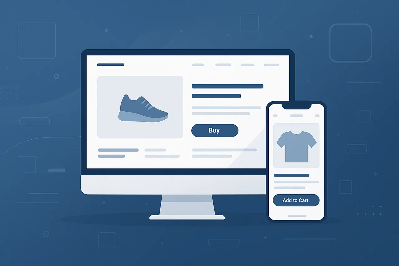 Graphic showing e-commerce websites on a monitor and smartphone.
